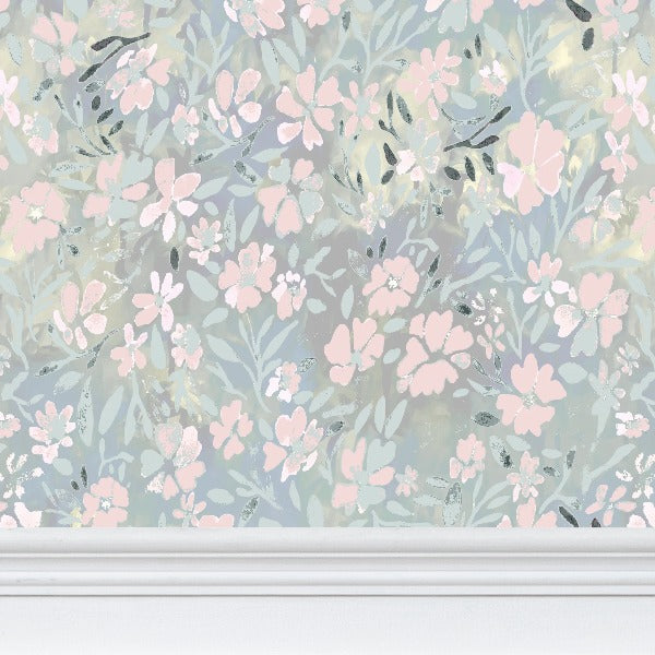 'Oops a daisy' wallpaper in pastel blue and pink colours