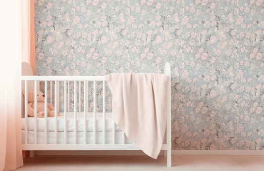 'Oops a daisy' wallpaper in pastel blue and pink colours