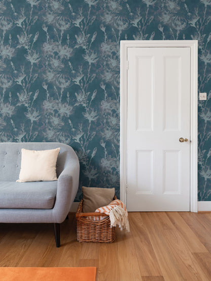 'Petals in the night' wallpaper in dark blue