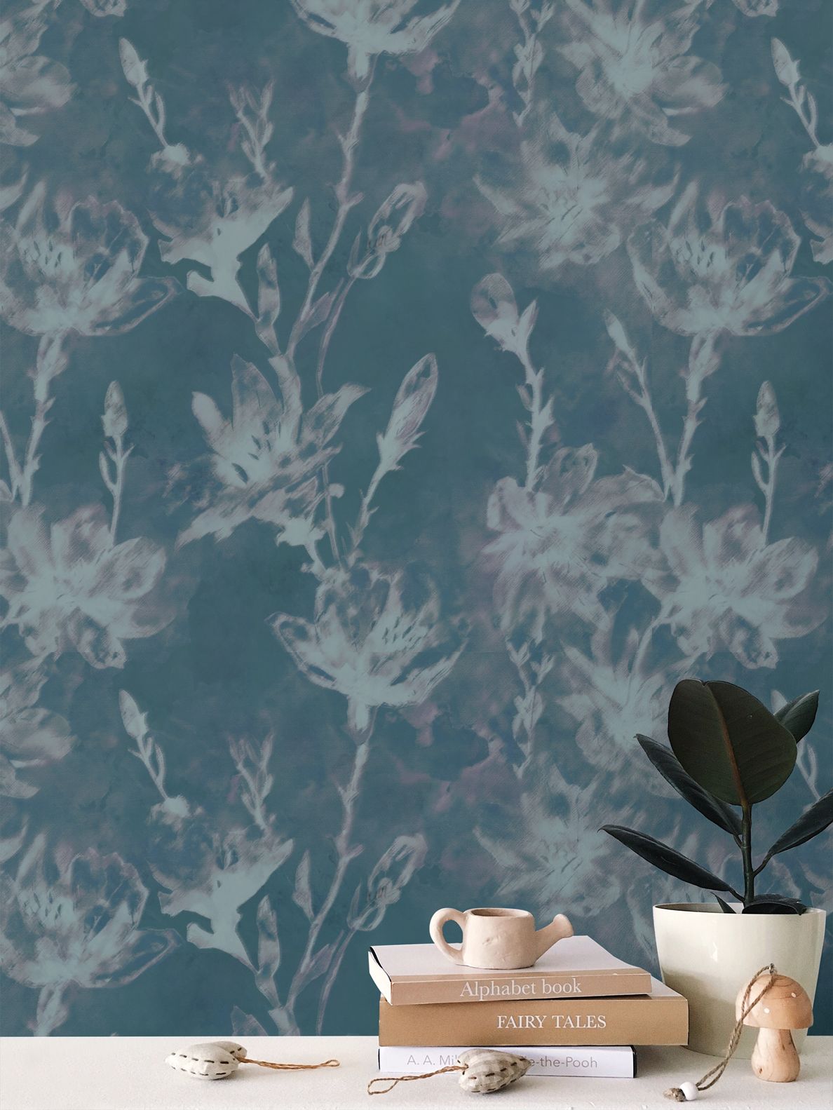 'Petals in the night' wallpaper in dark blue