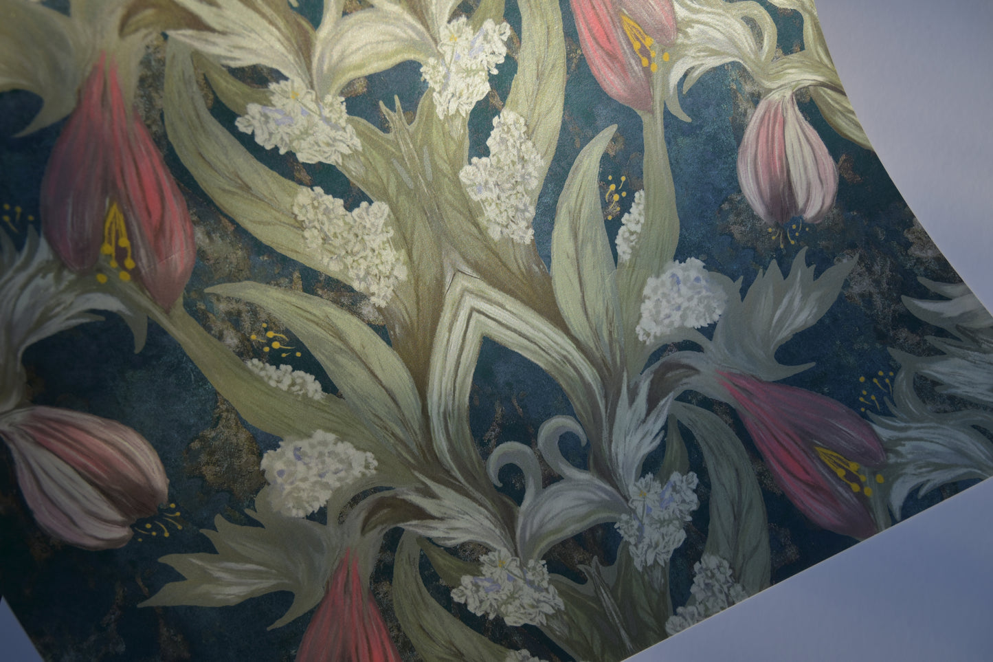 'Amazing grace' wallpaper in sea blue, greens and pinky reds