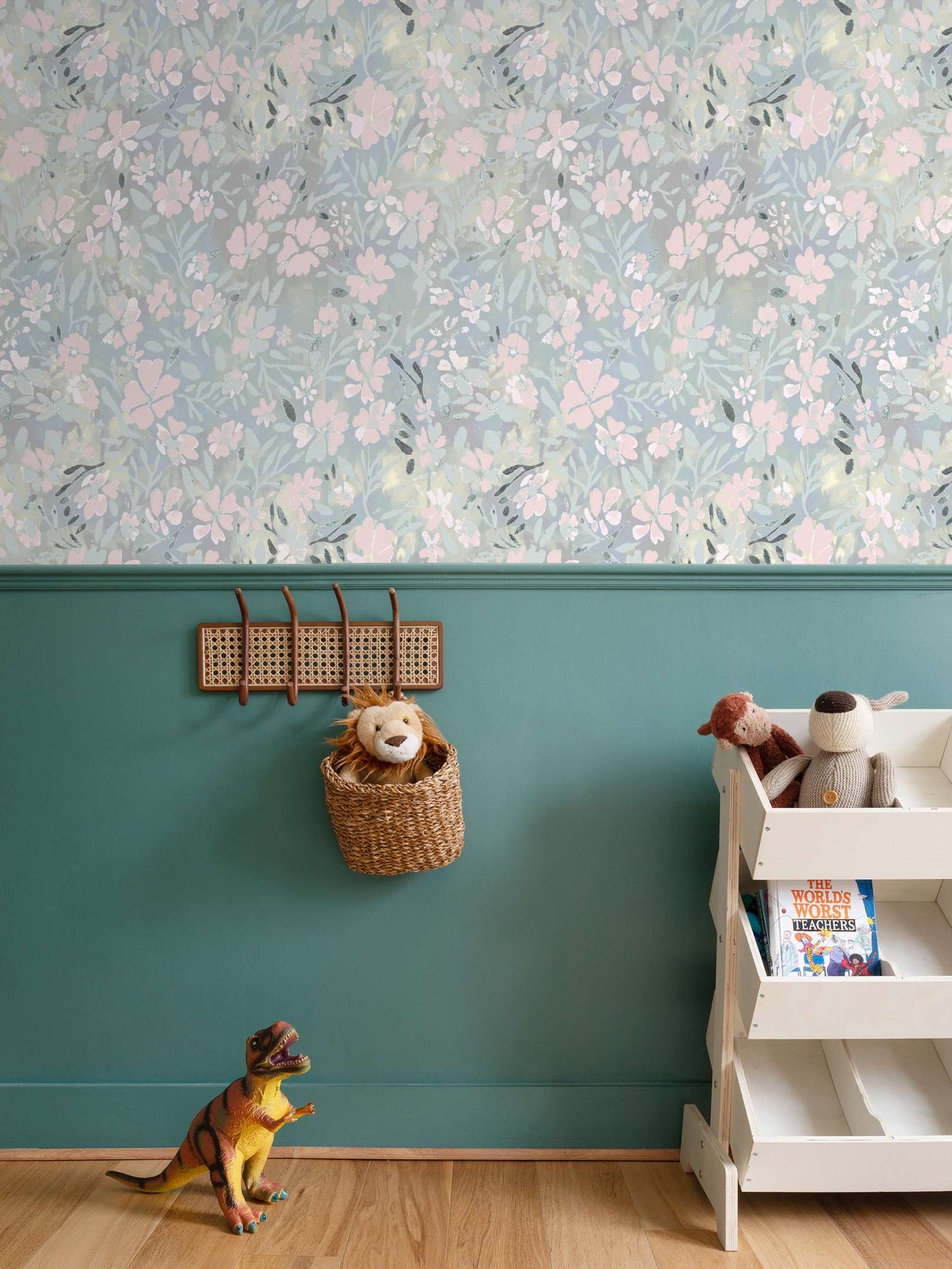 'Oops a daisy' wallpaper in pastel blue and pink colours