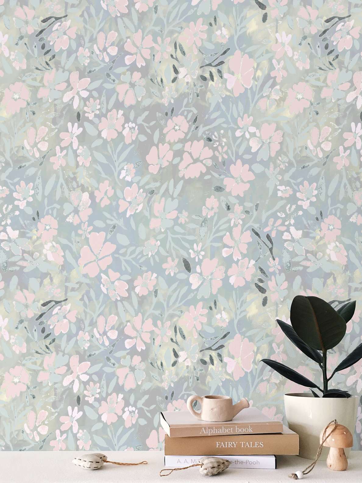 'Oops a daisy' wallpaper in pastel blue and pink colours