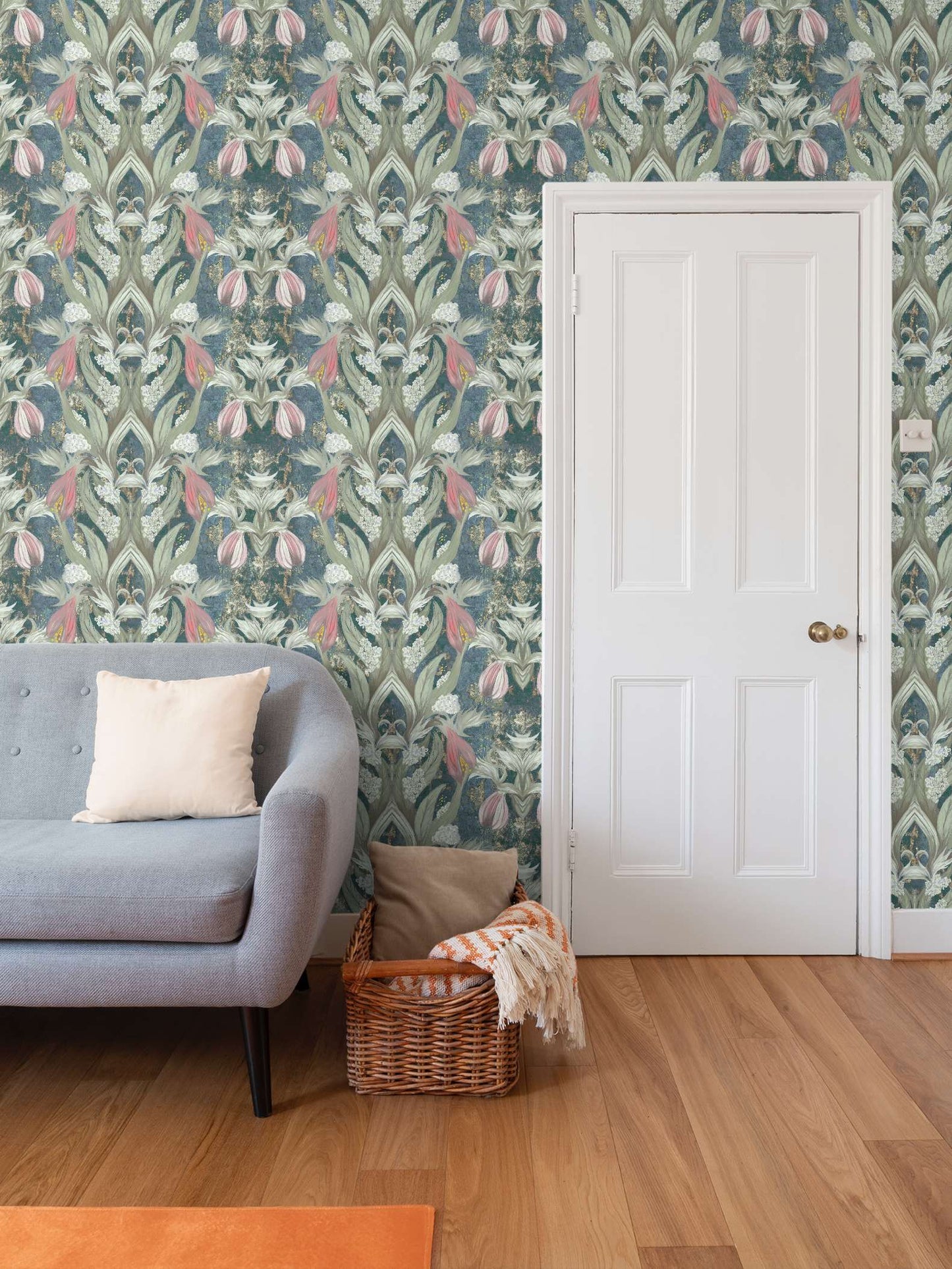 'Amazing grace' wallpaper in sea blue, greens and pinky reds