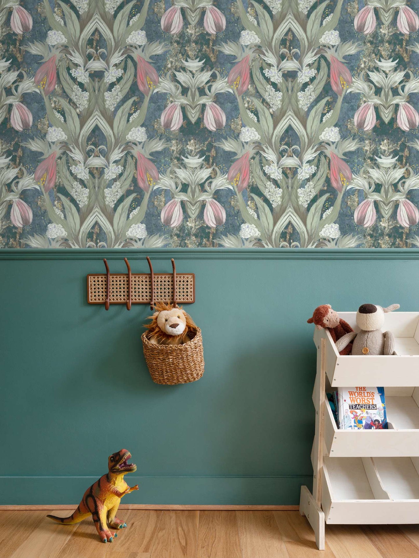 'Amazing grace' wallpaper in sea blue, greens and pinky reds