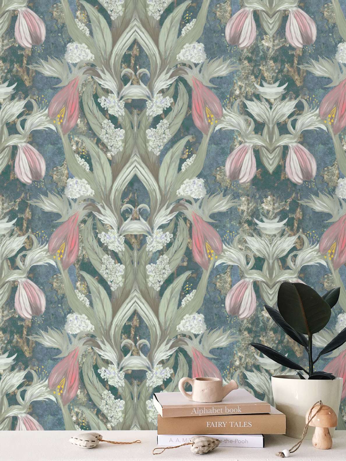 'Amazing grace' wallpaper in sea blue, greens and pinky reds