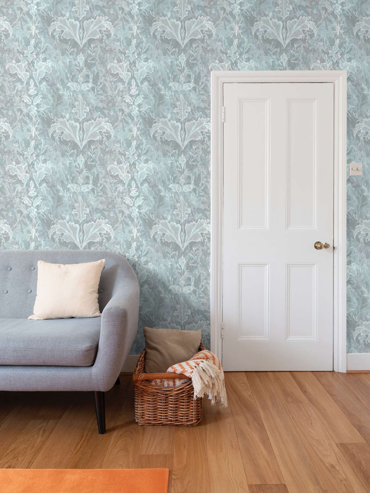 'Fanciful' wallpaper in pastel blues and greys