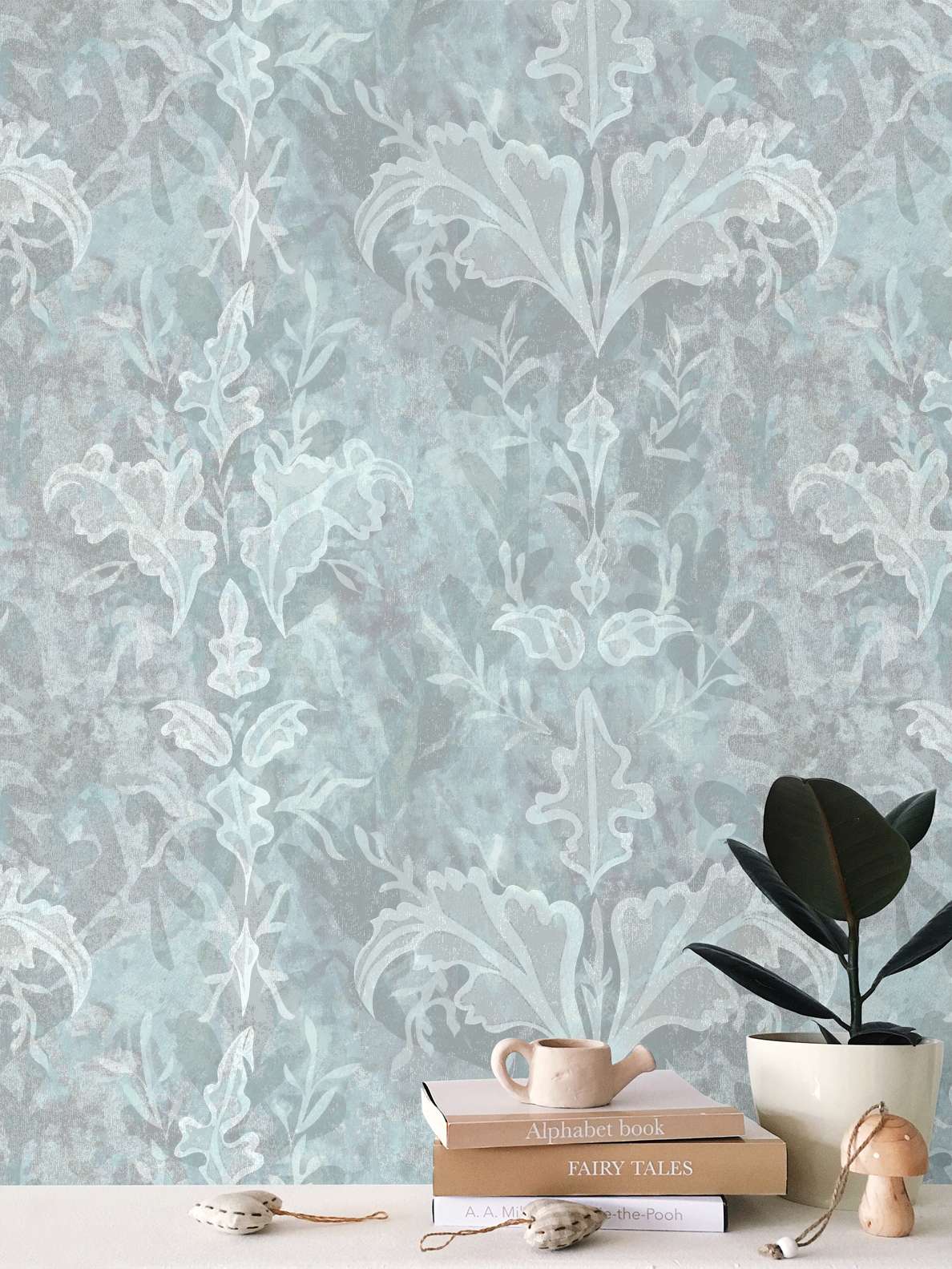 'Fanciful' wallpaper in pastel blues and greys