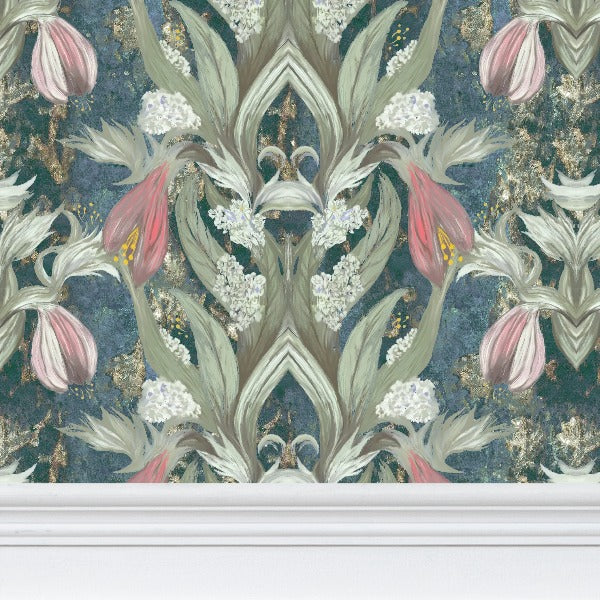 'Amazing grace' wallpaper in sea blue, greens and pinky reds