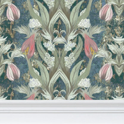 'Amazing grace' wallpaper in sea blue, greens and pinky reds