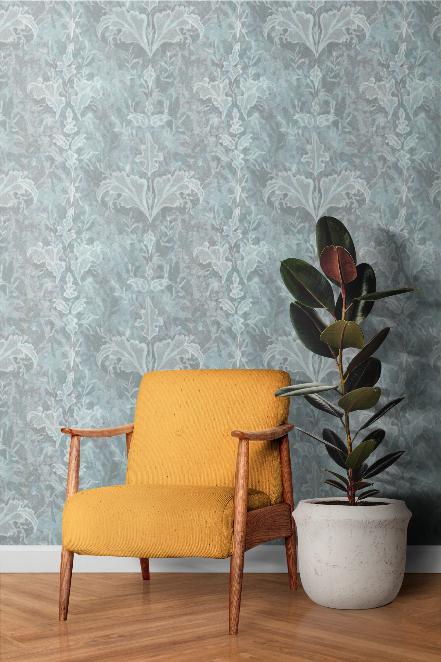 'Fanciful' wallpaper in pastel blues and greys