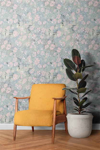 'Oops a daisy' wallpaper in pastel blue and pink colours