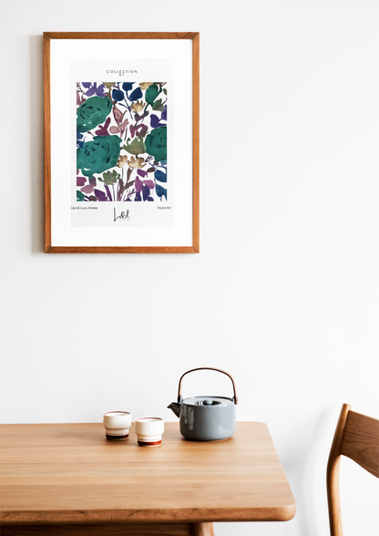 'Simply roses' wall art print in blue and purple