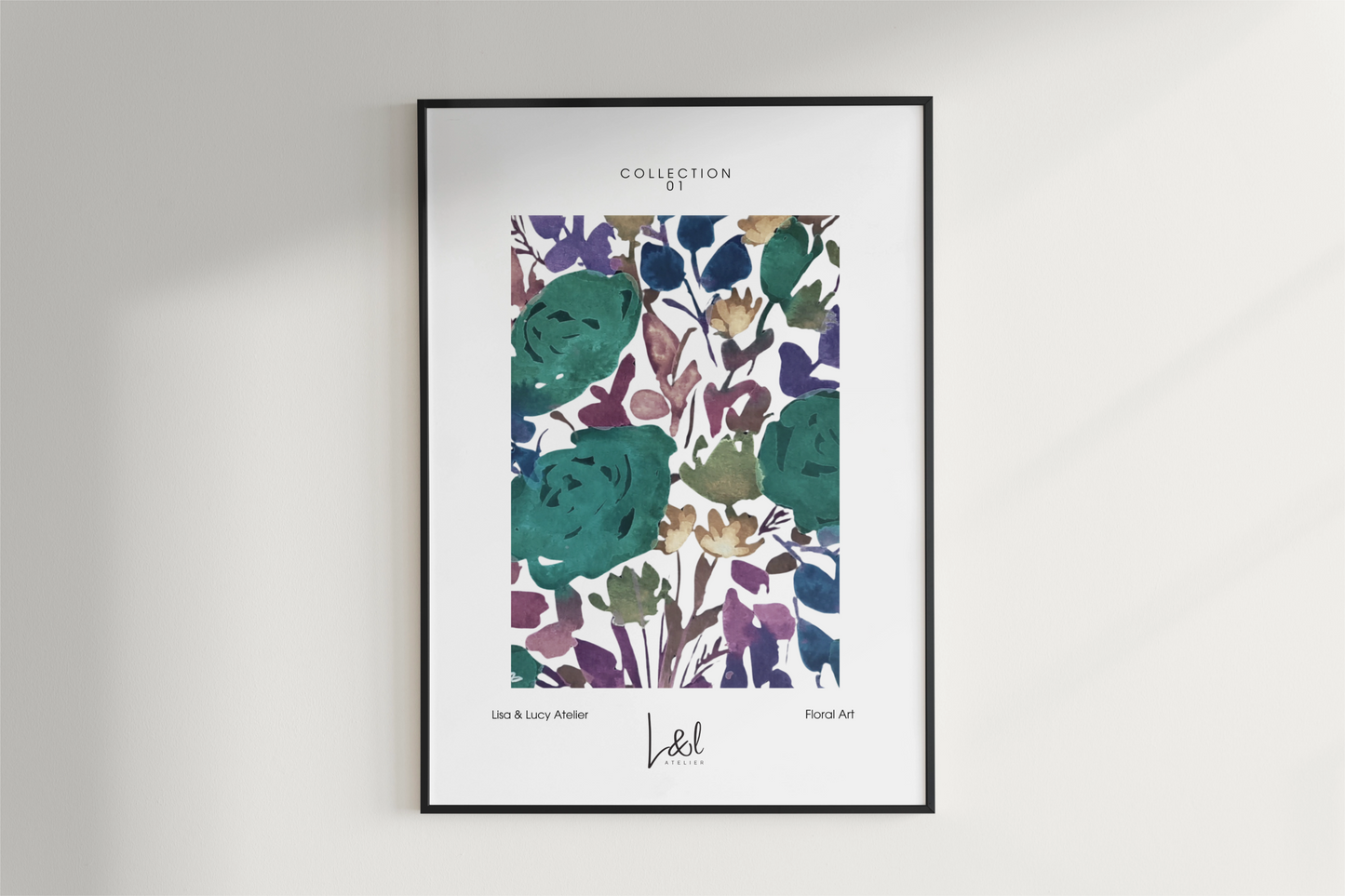 'Simply roses' wall art print in blue and purple