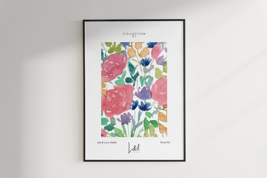 'Simply roses' wall art print in pinks and green