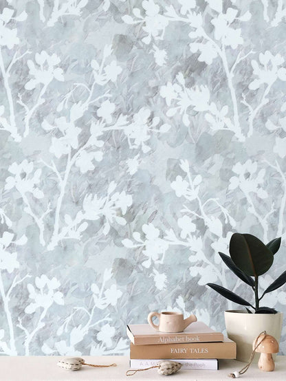 'Love in a mist' wallpaper in muted blue and greys