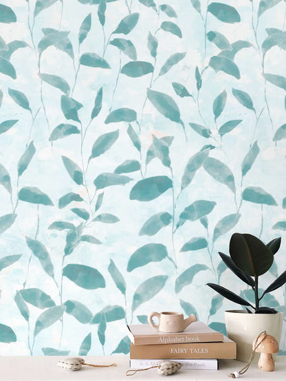 'Leafy glade' wallpaper in green